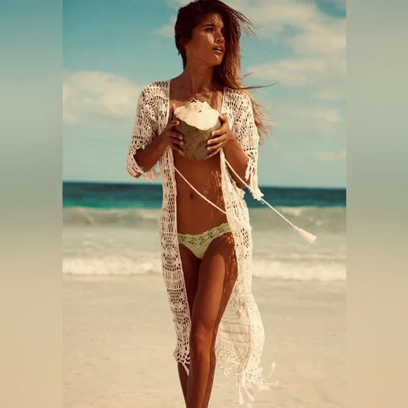 Anna Kosturova x Free People Handmade crochet Tassel Maxi Kimono Swim Coverup - Picture 2 of 9